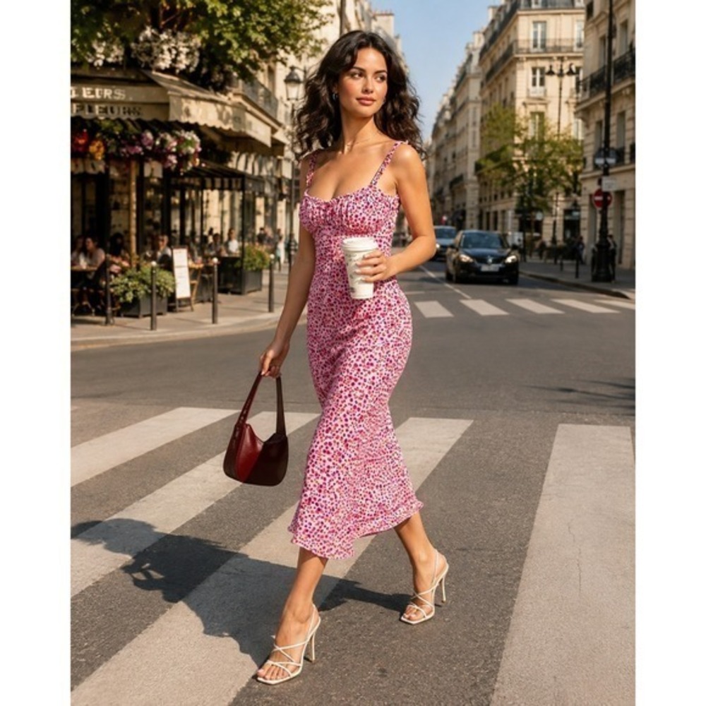 Commense Floral Ruched Cami Boho Vacation Romantic Midi Sundress Pink Size L